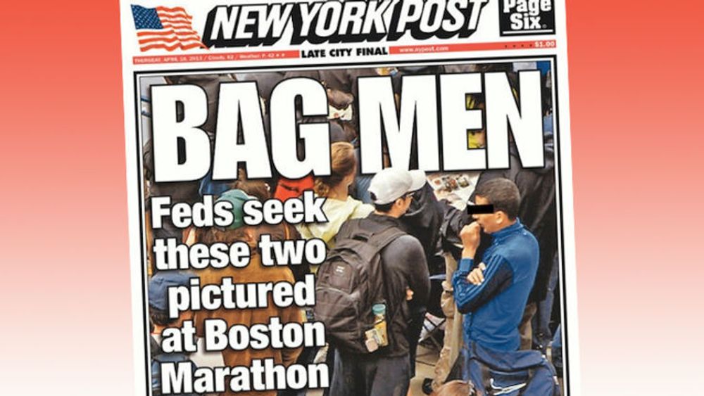 New York Posts forside torsdag 18. april. Bildet viser ikke FBIs to mistenkte, men to tilfeldige menn. Avisen har latt seg forlede av amatører og sosiale medier.