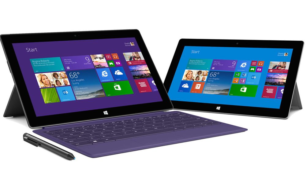 Microsofts nye Surface Pro 2, her vist med tastatur (ekstrautstyr), og nye Surface 2. Det er sistnevne som har gjennomgått de største endringene. 