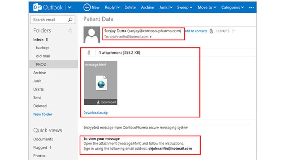 Office 365 Message Encryption gjør det mulig å sende krypterte meldinger til alle e-postadresser, men selve meldingene må åpnes i et eget webgrensesnitt som Microsoft tilbyr.
