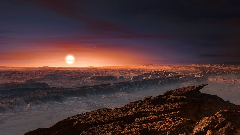 Slik ser en tegner for seg overflaten på planeten Proxima b.