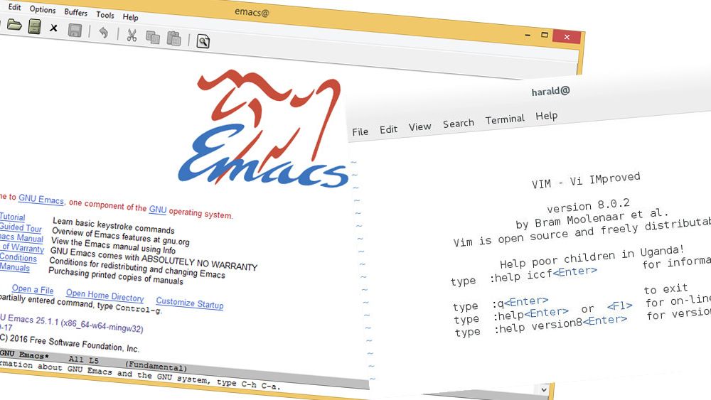 Både VIM og Emacs har for første gang på flere år kommet i helt nye versjoner. På bildet vises VIM i et Linux-terminalvindu og Windows-utgaven av Emacs.