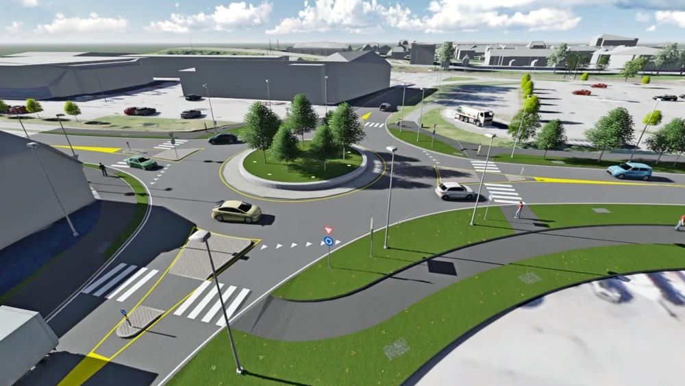 Bildet viser rundkjøringen som skal etableres i søndre ende av den nye vegen. Her møtes fylkesveg 32 og Gimleveien. 1. juni 2018 er den ferdig.