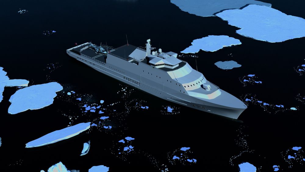 Kystvaktskipet KV Arctic tegnet i polare strøk med helikopter på akterdekk.