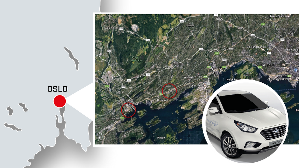 Norges to første kommersielle hydrogenstasjoner plasseres bare tre kilometer fra hverandre. Uno-x-stasjonen ligger i Sandvika lengst vest, mens den kommende Hyop-stasjonen ligger på Høvik - begge deler Bærum kommune. De få hydrogenstasjonene som eksisterer i dag er relativt små, eller fungerer som demonstrasjonsstasjoner.
