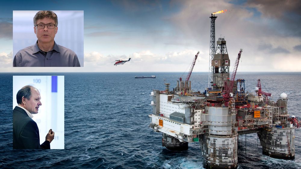 BI-forsker Per Espen Stoknes (innfelt øverst) og Bjørn Harald Martinsen i Norsk olje og gass er uenige om fremtiden for norsk olje og gass.