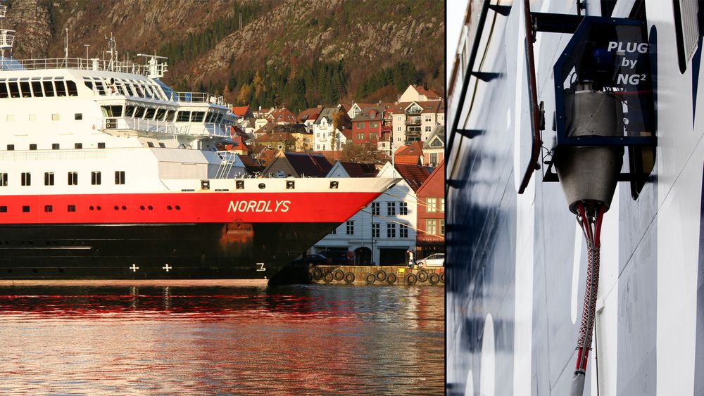 Fra april kan Bergen tilby landstrøm. Her ligger MS Nordlys ved kai i Bergen. Dette skipet kan tidligst kobles på neste år.