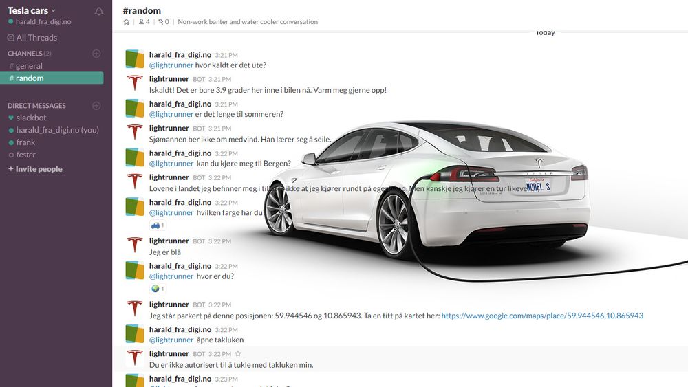 Det er fullt mulig å kommunisere med Teslaer via Slack, bare man vet hvordan. Her har artikkelforfatteren fått prøve seg.