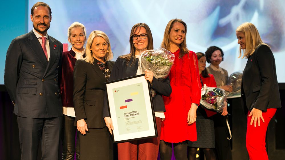 Fra venstre: Kronprins Haakon,Anita Krohn Traaseth, Monica Mæland, Nuria Espallargas, Linda Hofstad Helleland og Mette Marit.