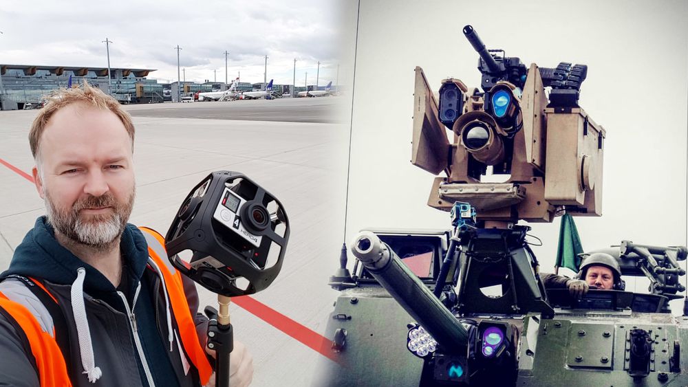 TU har vært høyt og lavt med 360/VR-kamera det siste året. Til venstre ses TUs multimediasjef Eirik Helland Urke under opptak på Oslo lufthavn, til høyre er våre VR-kameraer montert på en stridsvogn. (Foto: Eirik Helland Urke)