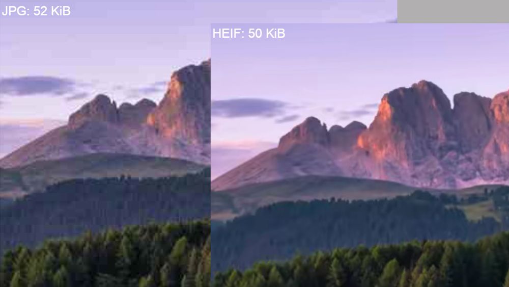 Med kodeken HEVC og konteinerformatet HEIF loves det bedre bildekvalitet enn med JPEG når filene er like store. Med samme bildekvalitet skal HEVJ/HEIF-filene ta omtrent halvparten så mye plass som JPEG. Men foreløpig er det begrenset hvor mye støtte det er for formatet. Sammenligningen over viser at det er langt mer forstyrrelser i JPEG-utsnittet over, enn i HEIF-utsnittet.
