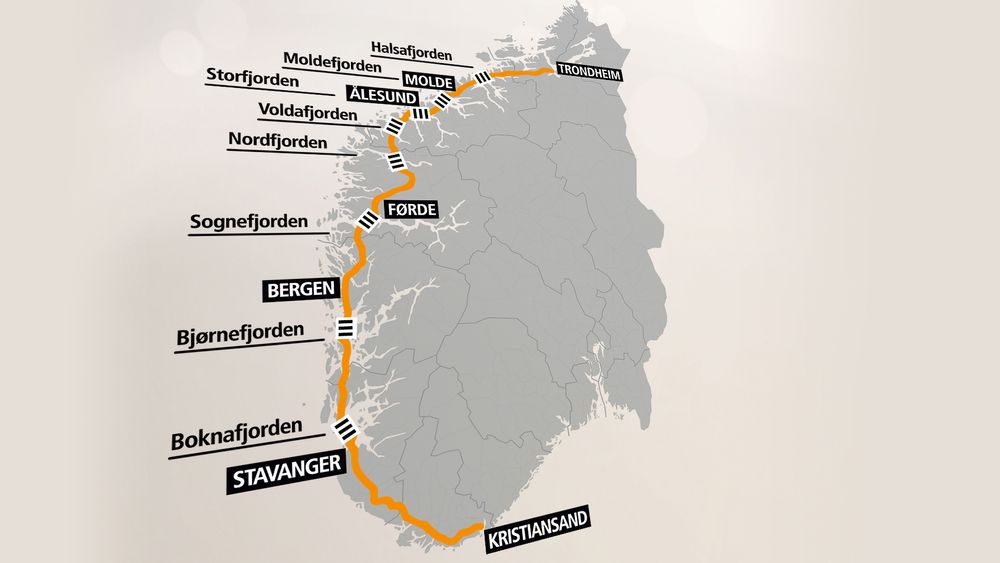 Slik vil eventuelt nye E39 gå mellom Kristiansand og Trondheim.