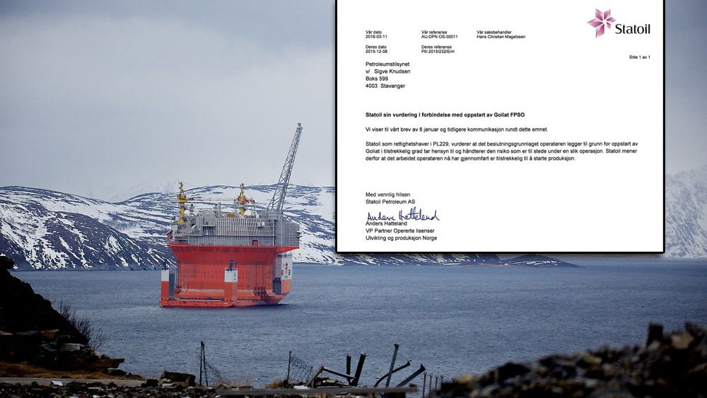 Goliat er det første oljefeltet i produksjon i Barentshavet. Statoil gikk i et brev til Ptil (innfelt) god for at plattformen kunne starte produksjonen. I ettertid har det vist seg at plattformen ikke var trygg ved oppstart likevel.
