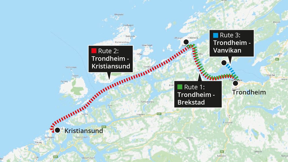 Tre hurtigrutesamband skal bli utslippsfrie til 2024. Teknologien skal bringes fram via utviklingskontrakter. De tre strekningene er på henholdsvis 8,35 og 95 nautiske mil.