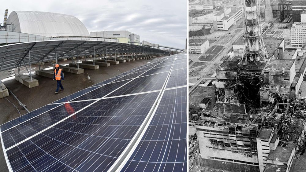 Det første etappen av solcelleparken i Tsjernobyl skal være klar til å kobles til strømnettet i løpet av et par uker. Bildet til høyre viser luftfoto av reaktor fire 2-3 dager etter verdens verste atomulykke i april 1986. Foran den høye pipen er den ødelagte reaktoren.