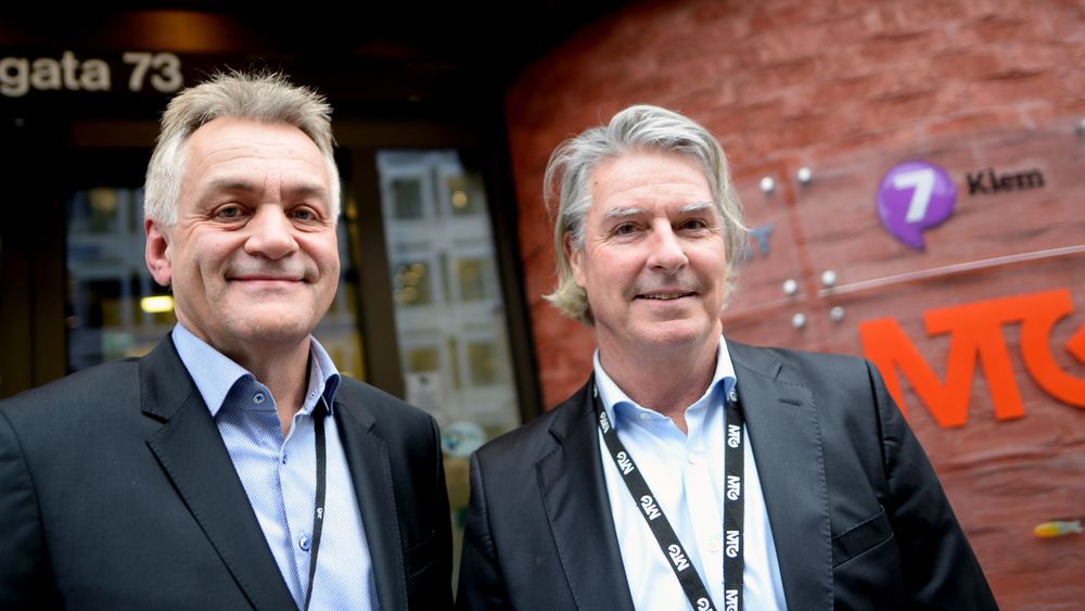Get-sjef Gunnar Evensen (til venstre) og MTGs Norges-sjef Morten Aas presenterte avtalen mellom MTG og TDC. Den gang trodde de at selskapenes kombinerte digitale innovasjonskraft skulle ta dem langt. Nå ser det ut til at handelen ikke skjer, i alle fall ikke i denne omgang.