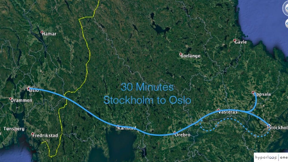 Mårten Fröjdö i FS Link viste frem dette bilde over en mulig hyperloop-trasé mellom Oslo og Stockholm.