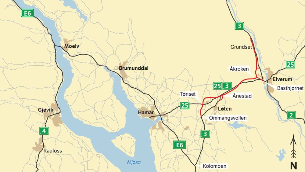 Mellom Tønset i Løten og Basthjørnet i Elverum skal det bygges firefeltsvei. De resterende 10,5 kilometerne bygges som tofeltsvei med midtrekkverk og forbikjøringsfelt.