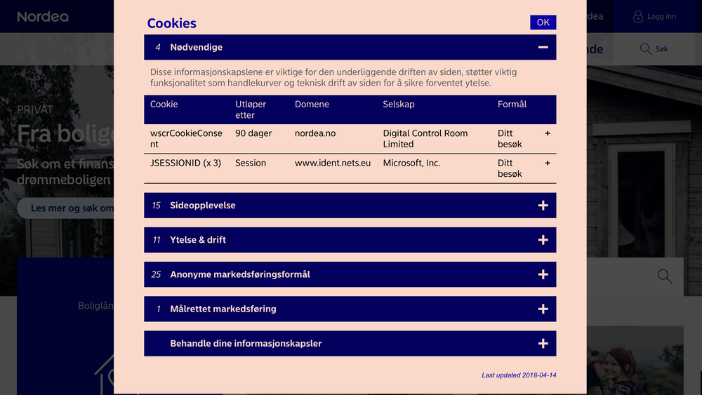 Nordea er blant dem som har gjennomført endringer i tråd med det nye lovverket: Her en oversikt over ulike cookies, hva de brukes til, og hvor lenge de lagres.