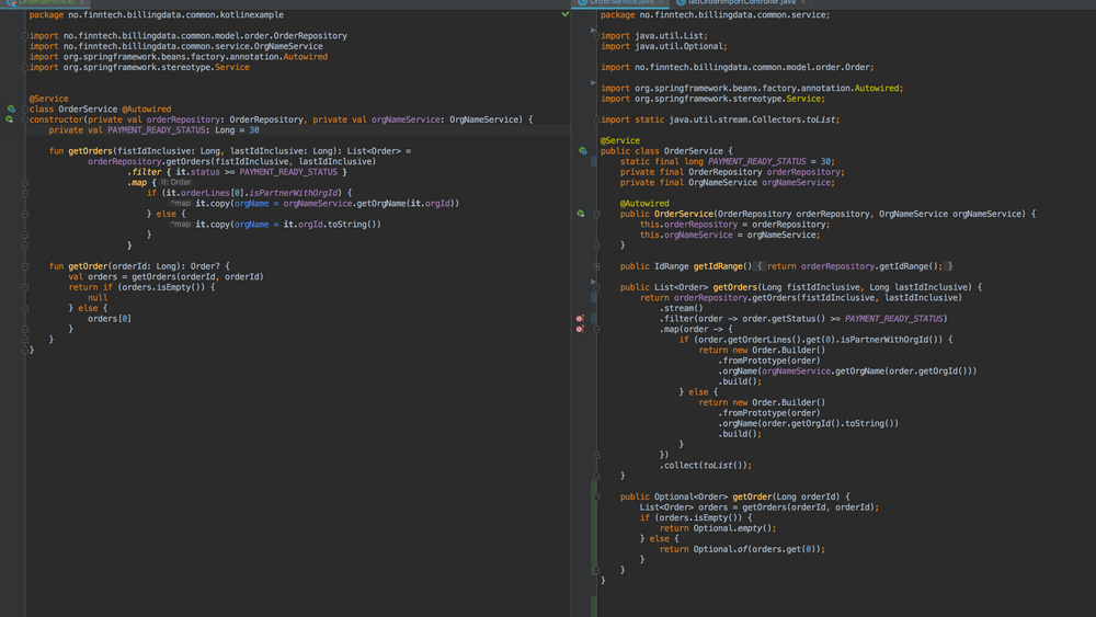 Med kompakt kode og en moderne syntaks kan Kotlin by på en enklere hverdag for Java-utviklere. Her er et eksempel fra Finn.no sin kodebase. Kotlin til venstre.