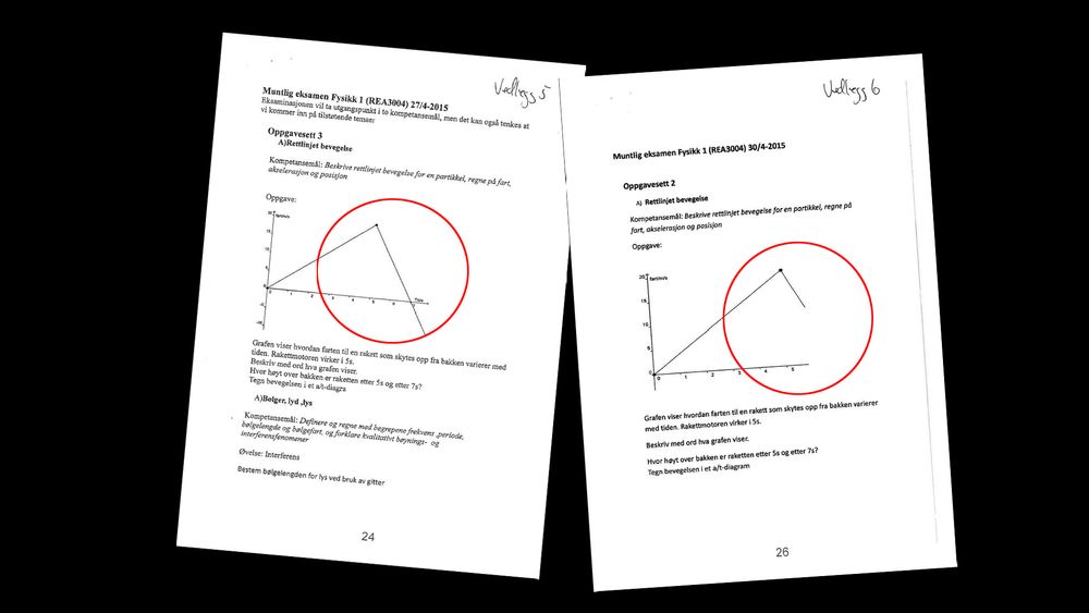 Torkel Thune Fladstad skulle fått eksamensoppgaven i Fysikk til venstre, men fikk oppgave til høyre, der deler av grafen manglet.