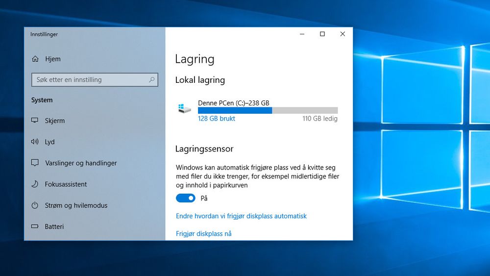 Innstillingene for dagens versjon av lagringssensoren i Windows 10.