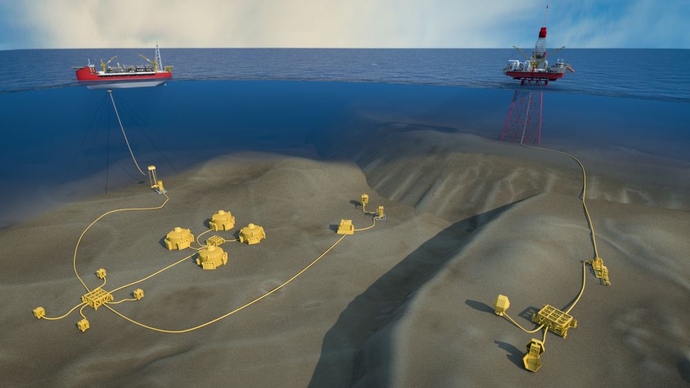 Denne illustrasjonen er en skisse for å vise subsea tieback med et subsea oljelagringssystem og en automatisert piggestasjonen for rensing av rørledninger.