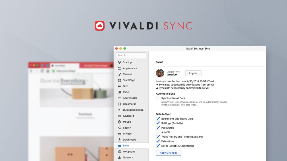 Vivaldi-nettleseren har kommet i versjon 2.0. Den største nyheten er støtte for synkronisering av brukerdata mellom ulike pc-er. Illustrasjonen viser hvilke data brukerne kan velge at skal synkroniseres.