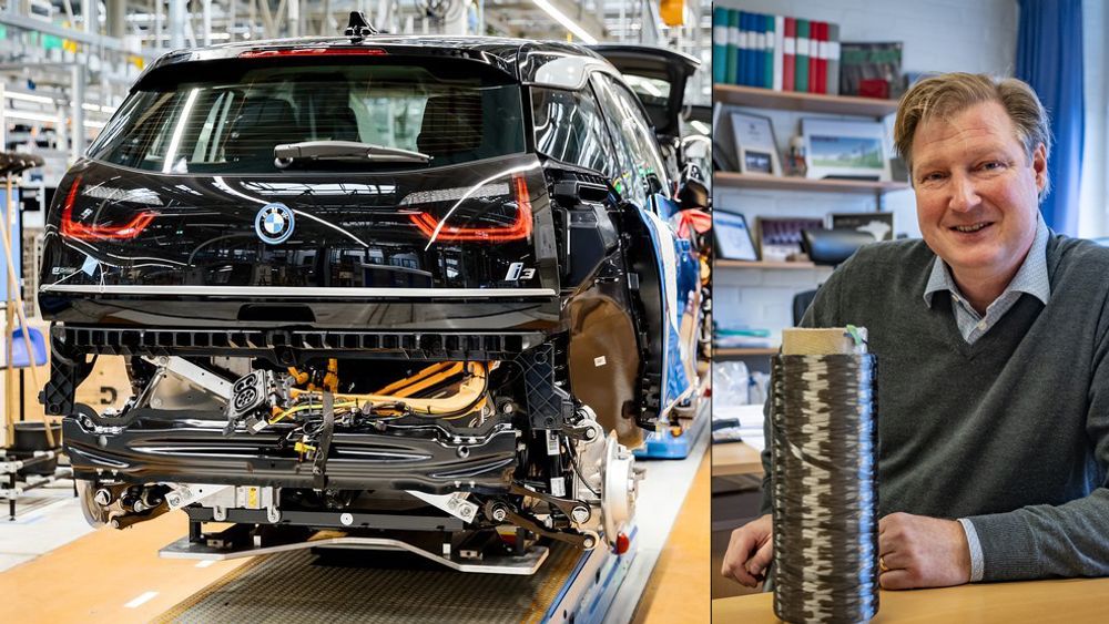 Tenker helt nytt: Professor ved avdeling for material- og beregningsmekanikk ved Chalmers i Göteborg, Leif Asp har tenkt helt nytt rundt måten vi bygger kjøretøyer. Til venstre henger en BMW i3 under produksjon.