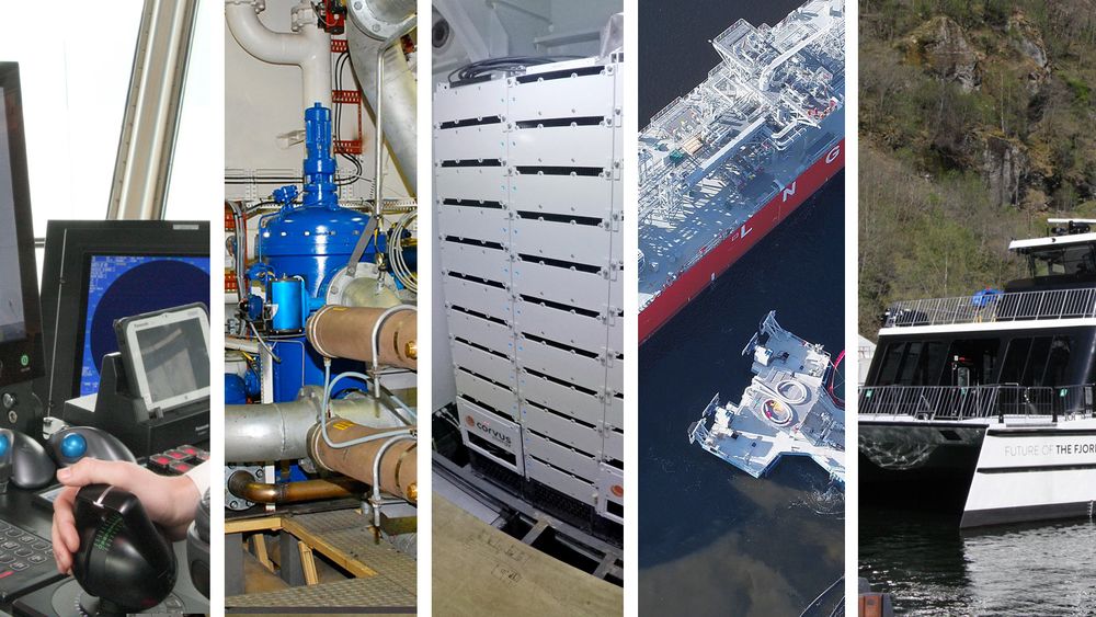 Corvus, Autocrossing, Connect LNG, Future of the fjords og Optimarin er de nominerte til TU Maritims teknologipris. Foto: Tore Stensvold/NCE/Connect LNG. Collage