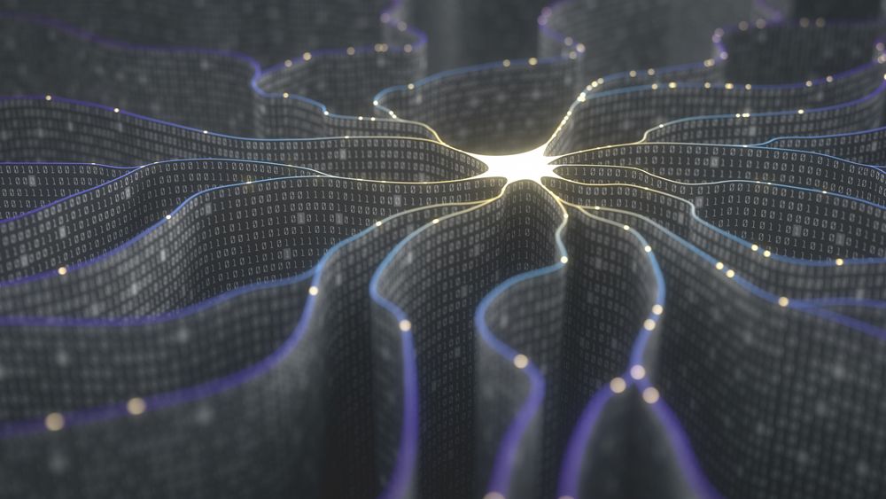 Artificial neuron in concept of artificial intelligence. Wall-shaped binary codes make transmission lines of pulses and/or information in an analogy to a microchip. Neural network and data transmission.