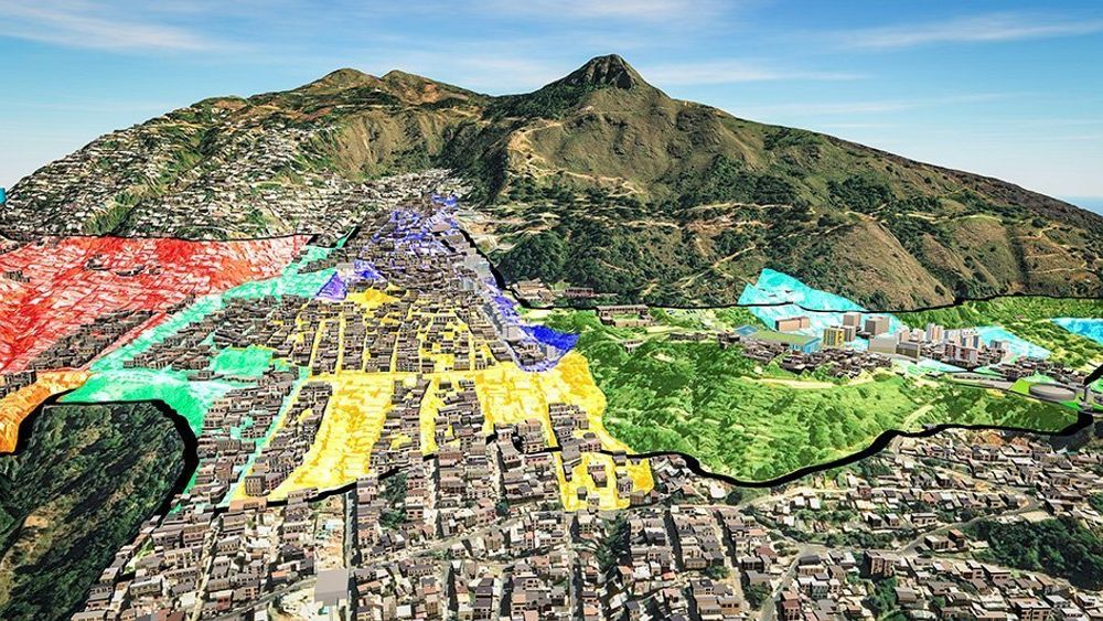 3D-kart viser ulike soner i skredutsatte Medellín. 