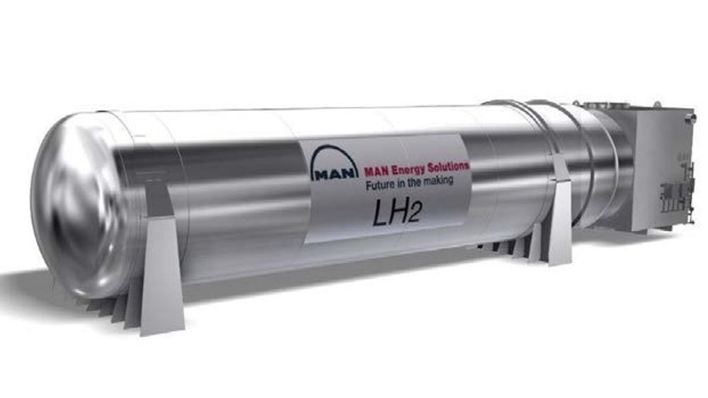 Illustrasjonen  viser en lagringstank og«cold box» for flytende hydrogen fra Man Cryo. Selskapet har jobbet tett med Fjord 1 og Multi Maritime.