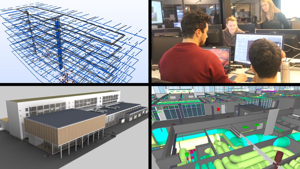Oppe til høyre: Bim-teknikerstudentene under det første større gruppearbeidet i høst. Fra venstre: Nicolas Døssland, Simon Hovinbøle, Preben Wikhaug Andersen og Aina Celine Haugland.
