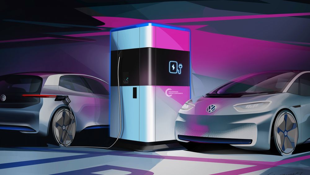 Konsepttegning av Volkswagens kommende mobile ladestasjon.
