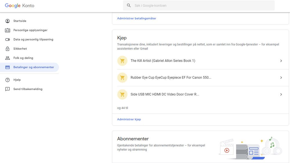 Eksempel på oversikt over en brukers kjøp og abonnenter som Google har registrert gjennom blant annet Gmail.