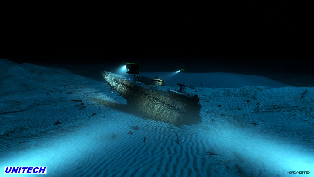 Ubåten U-864 som ble delt i to av torpedo i 1945 ligger i mørket på 150 meters dyp. Dette er en animasjon basert bl.a. sonarbilder av vraket.