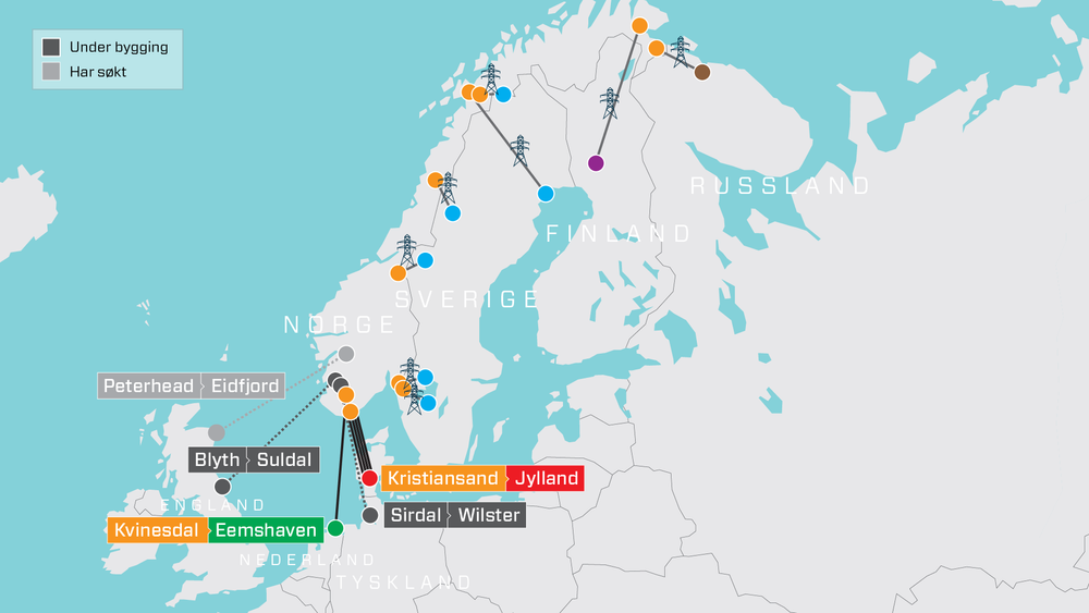 Norges overføringslinjer og mellomlandskabler. Foreløpig har Norge fire sjøkabler til Danmark, én til Nederland og én til Tyskland. Sjøkabel til Storbritannia er under bygging og åpner i 2021. Det er også søkt om en ny kabel mellom Norge og Skottland (Northconnect), men denne har foreløpig ikke fått godkjenning. 