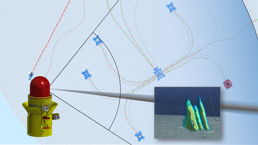 Slik skal Leakage Sonar System (LSS) fungere: Lydbølgene sendes ut fra enheten til venstre mot infrastruktur opp til 1000 meter unna plattformen. Systemet detekterer, analyserer og gir en alarm om lekkasjen er over bestemt nivå. Det skanner 0-360 grader horisontalt og 90 grader vertikalt kontinuerlig. I tillegg kan man følge lekkasjens utvikling presentert i 3D (innfelt bilde).