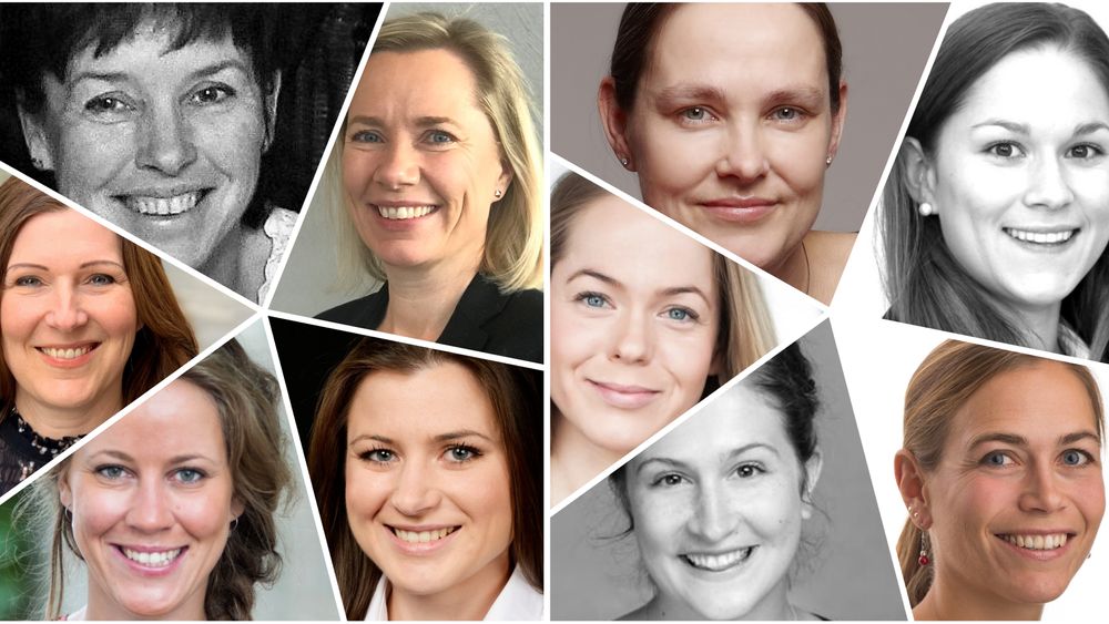 På venstre side, øverst fra venstre: Marianne Storsul, Mette Ahlquist, Elisabet Haugsbø, Merete Nygaard, Camilla Tepfers. På høyre side, øverst fra venstre: Camilla Tepfers, Marte Tårnes, Maria Bartnes, Lotte Skolem, Susanne Klungtveit.