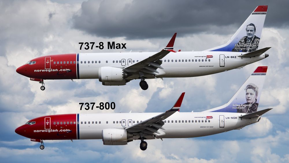 Fotomontasje som viser noen av de utvendige forskjellene mellom B737-8 Max og B737-800.