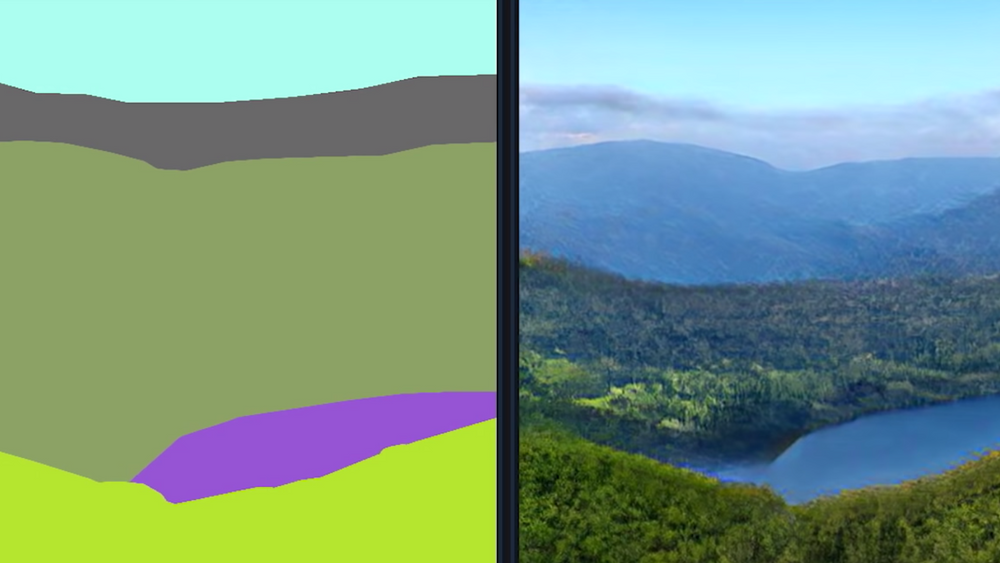 GauGAN kan nå forvandle enkle skisser til superrealistiske landskapsbilder. Nvidia mener teknologien kan brukes i byplanlegging.