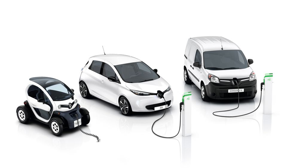 De er etter hvert gamle modeller, men fortsatt helt sentrale i Renaults elbilsatsing. Fra venstre: Twizy, Zoe og Kangoo.