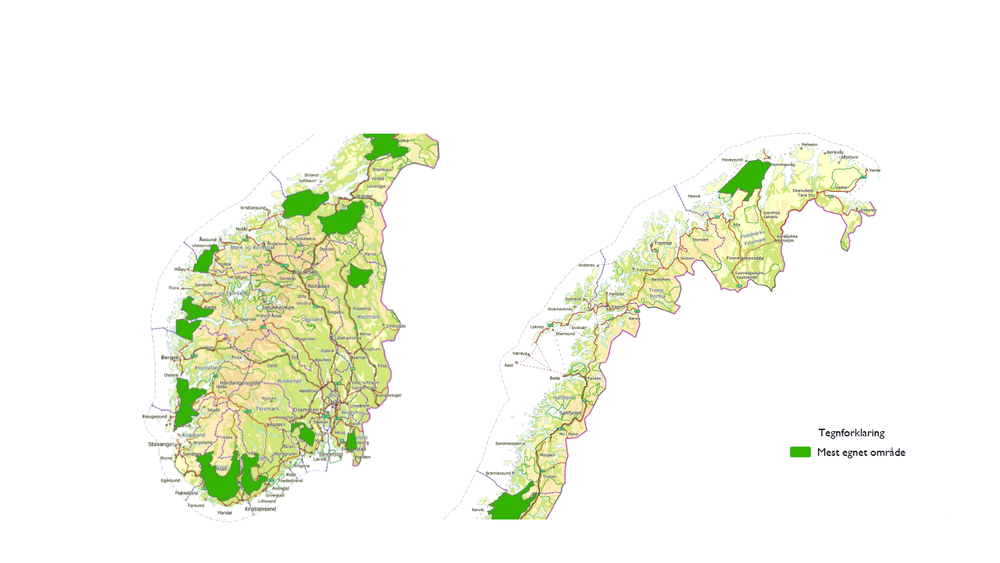 NVE har pekt ut 13 områder som er egnet for vindkraftutbygging. Områdene berører alle fylker med unntak av Oslo, Akershus, Oppland og Troms. Til tross for at mange arealer i Nord-Norge har de beste produksjonsforholdene for vindkraft, peker NVE ut flest områder i Sør-Norge.
