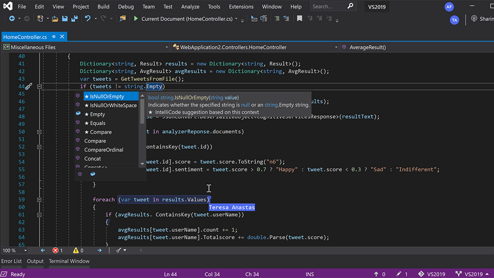 Visual Studio 2022 begynner å nærme seg. Dette bildet er av redigeringsverktøyet i Visual Studio 2019.
