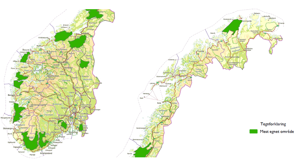 NVE har pekt ut 13 områder som er egnet for vindkraftutbygging. Områdene berører alle fylker med unntak av Oslo, Akershus, Oppland og Troms. Til tross for at mange arealer i Nord-Norge har de beste produksjonsforholdene for vindkraft, peker NVE ut flest områder i Sør-Norge.