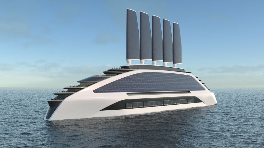 Mulig konsept for nullutslipps cruiseskip med solceller, vind og brenselceller som bruker hydrogen. 