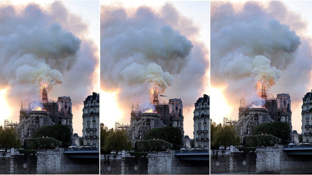 Bildeserien viser spiret på Notre-Dame-katedralen kollapse i mandagens brann.