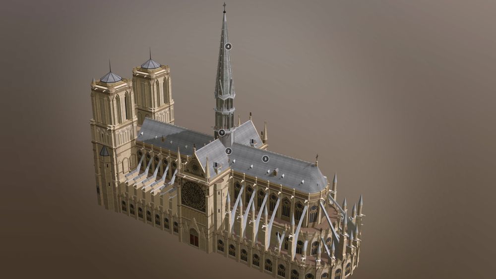 3D-modell av Notre-Dame. To tredeler av taket, inkludert spiret, brant. Men bygningsstrukturen skal være reddet.