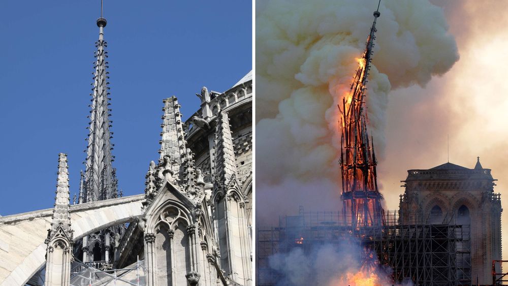 Hovedspiret på Notre-Dame, slik det var og slik det brant mandag kveld.  