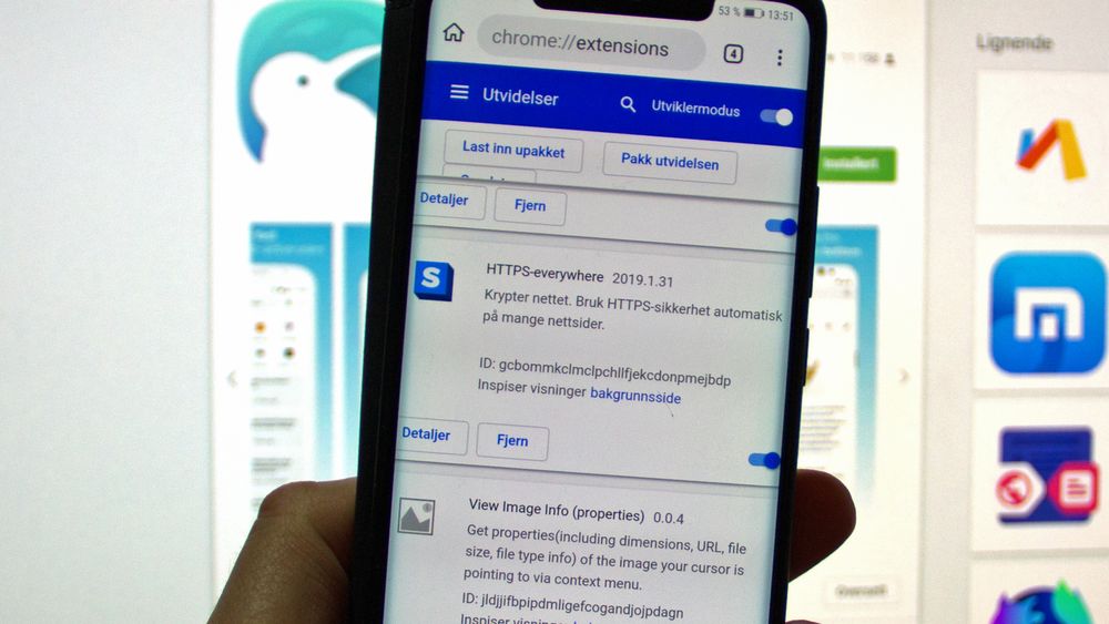 Listen med installerte utvidelser i Kiwi Browser for Android.